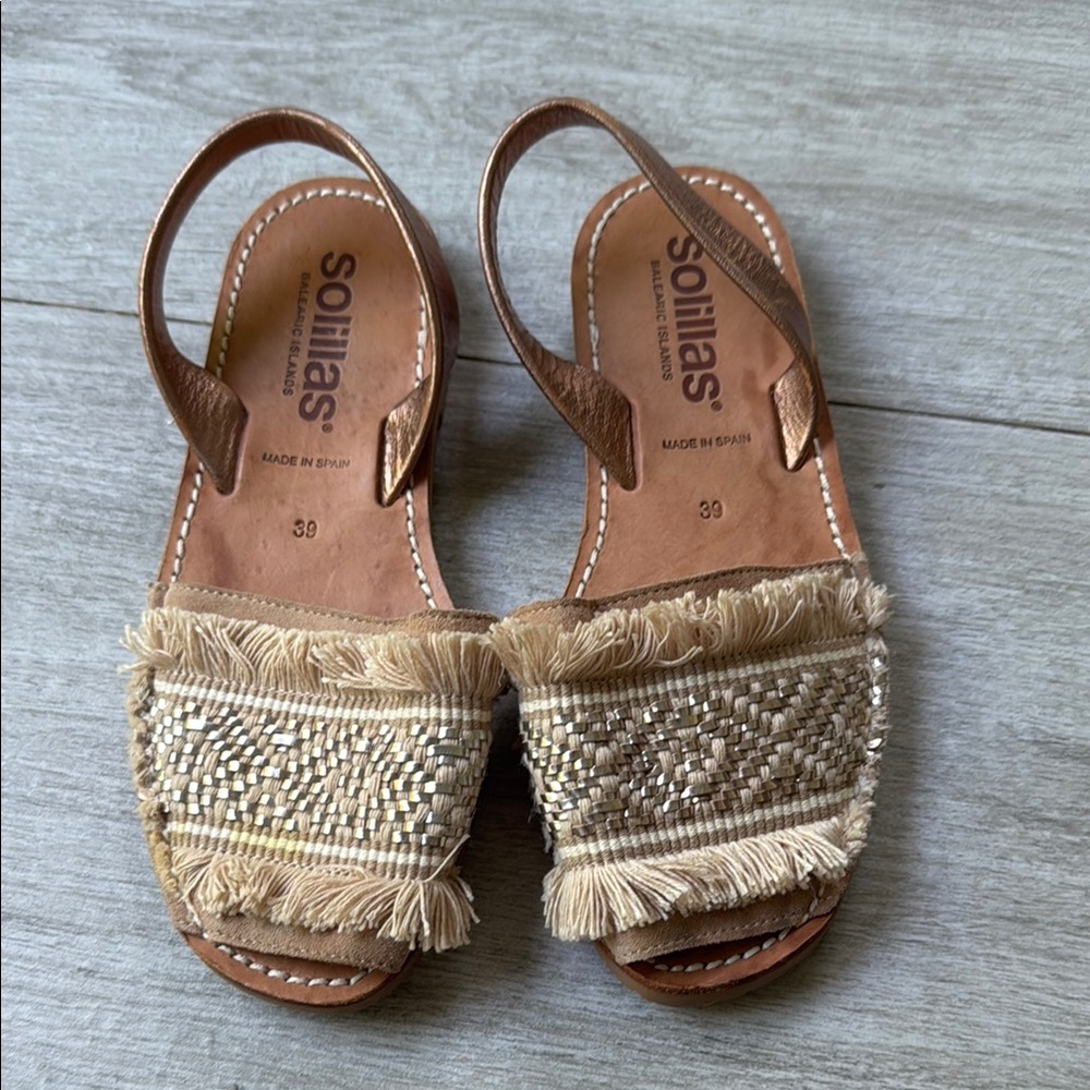 Solillas Size 39 Women's Tan Sandals Boho Ibiza Made in Spain Leather